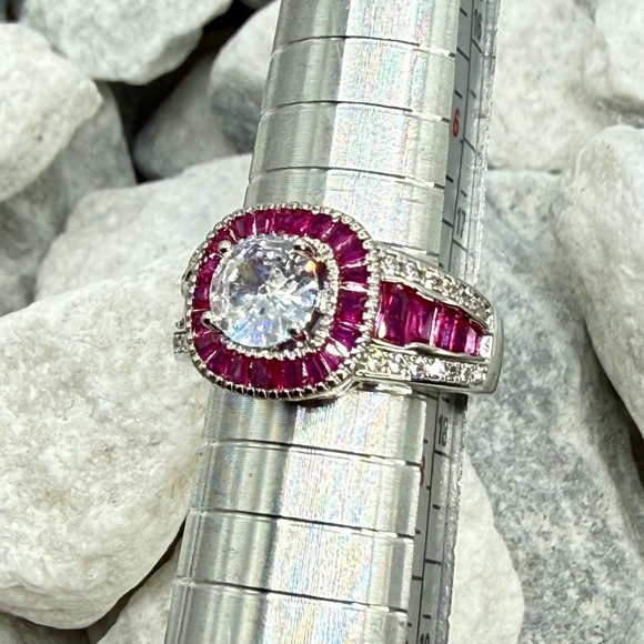 Lab Created Ruby Halo Ring 2.6 CT CZ Silver Tone Over Copper Sz 7.25 - Picture 14 of 17
